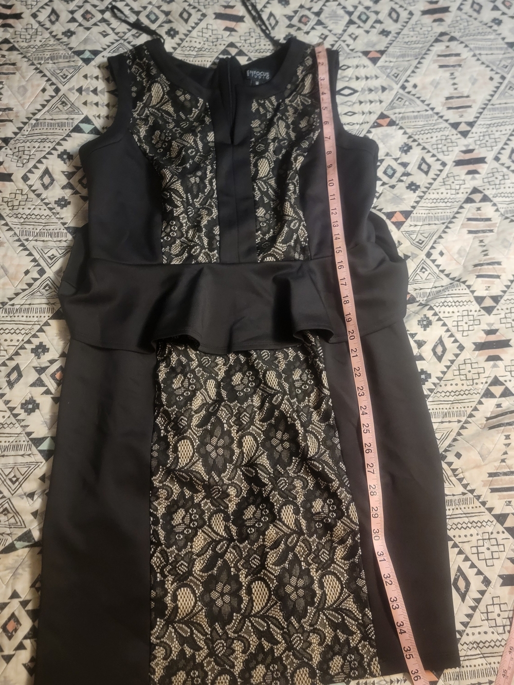 Enfocus Studio Black and Beige Lace Peplum Midi Dress
